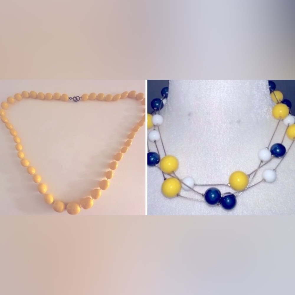 2 Vintage 60s Acrylic beaded m necklaces: Navy, White, yellow satellites; yellow